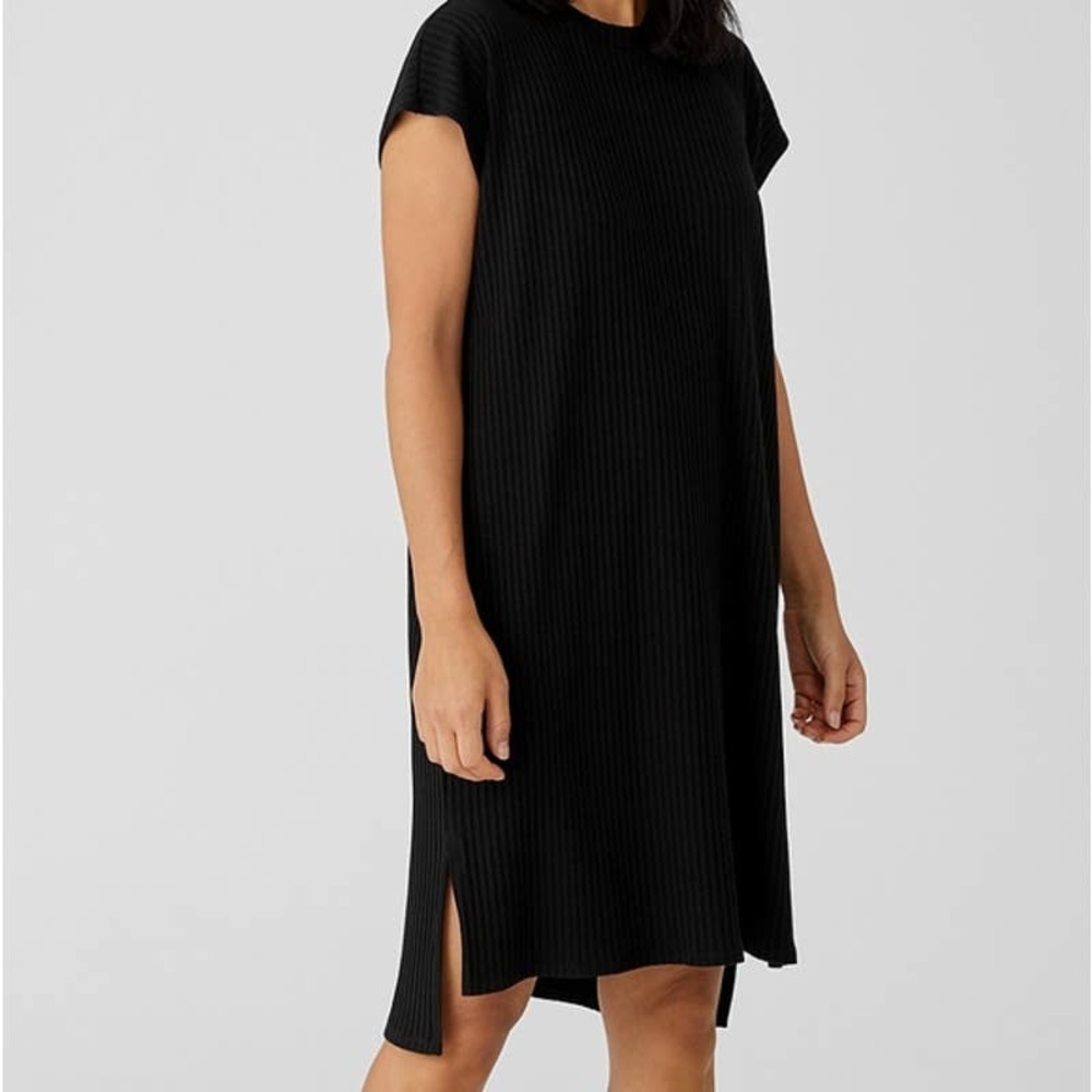 Eileen Fisher Black Ribbed Cap-Sleeve Midi Dress